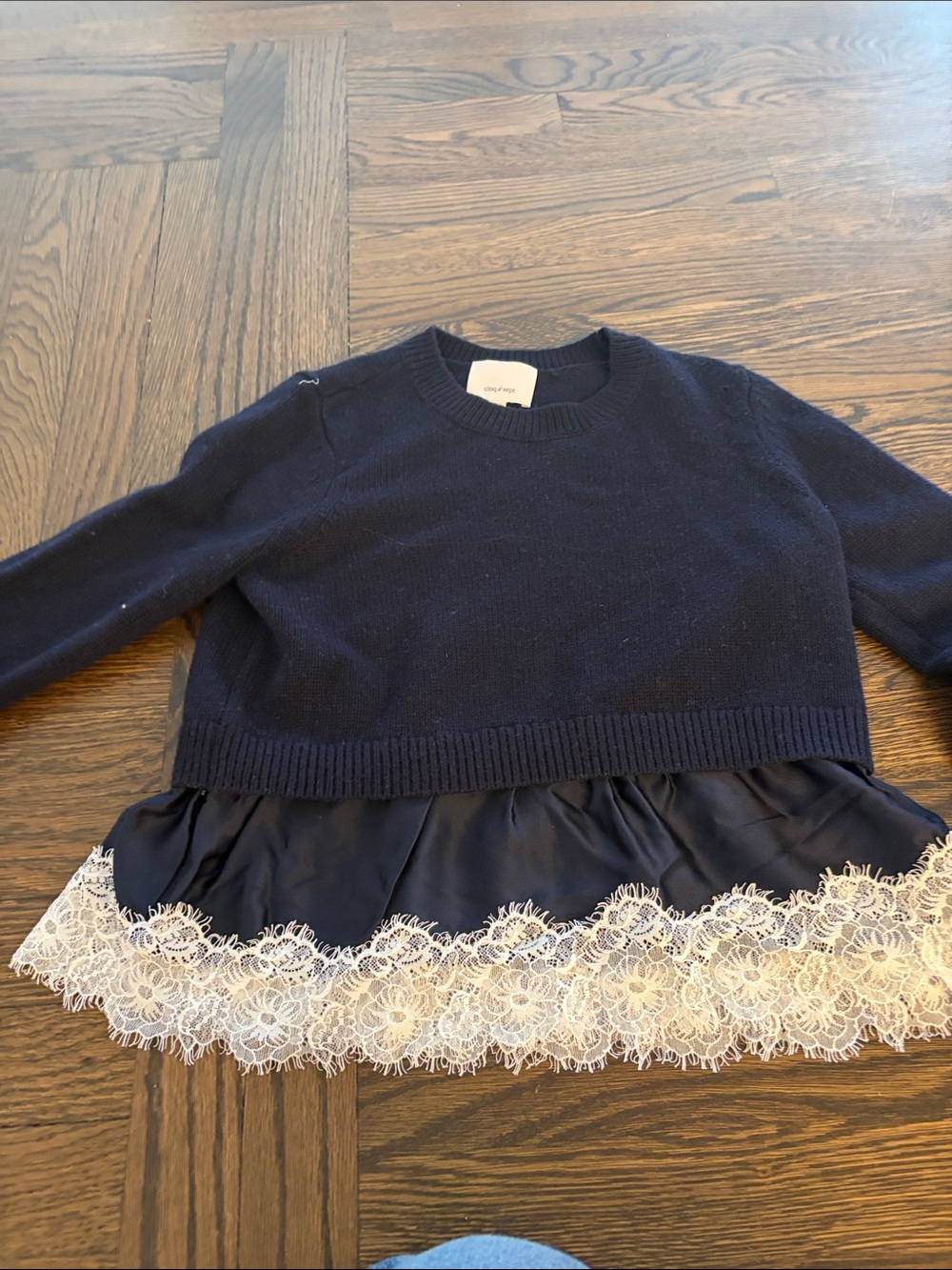 cinq a sept Navy Sweater with Cream Lace Hem